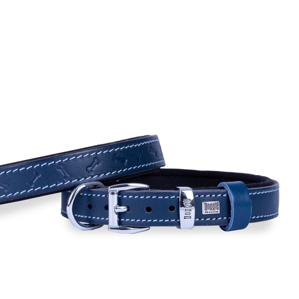 Doggie Kemikli Deri Köpek Boyun Tasması Mavi - 2*30-35 cm