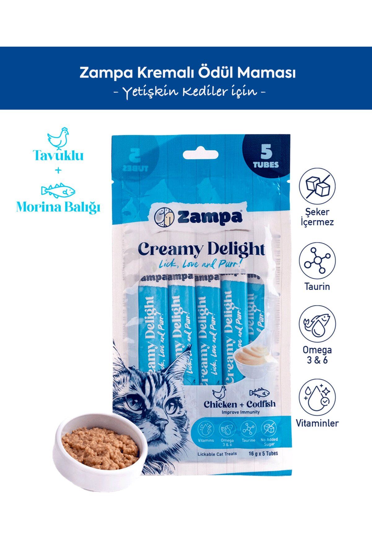 Zampa Creamy Delight Krema Kedi Ödül Maması 5x16 g Tavuk ve Morina