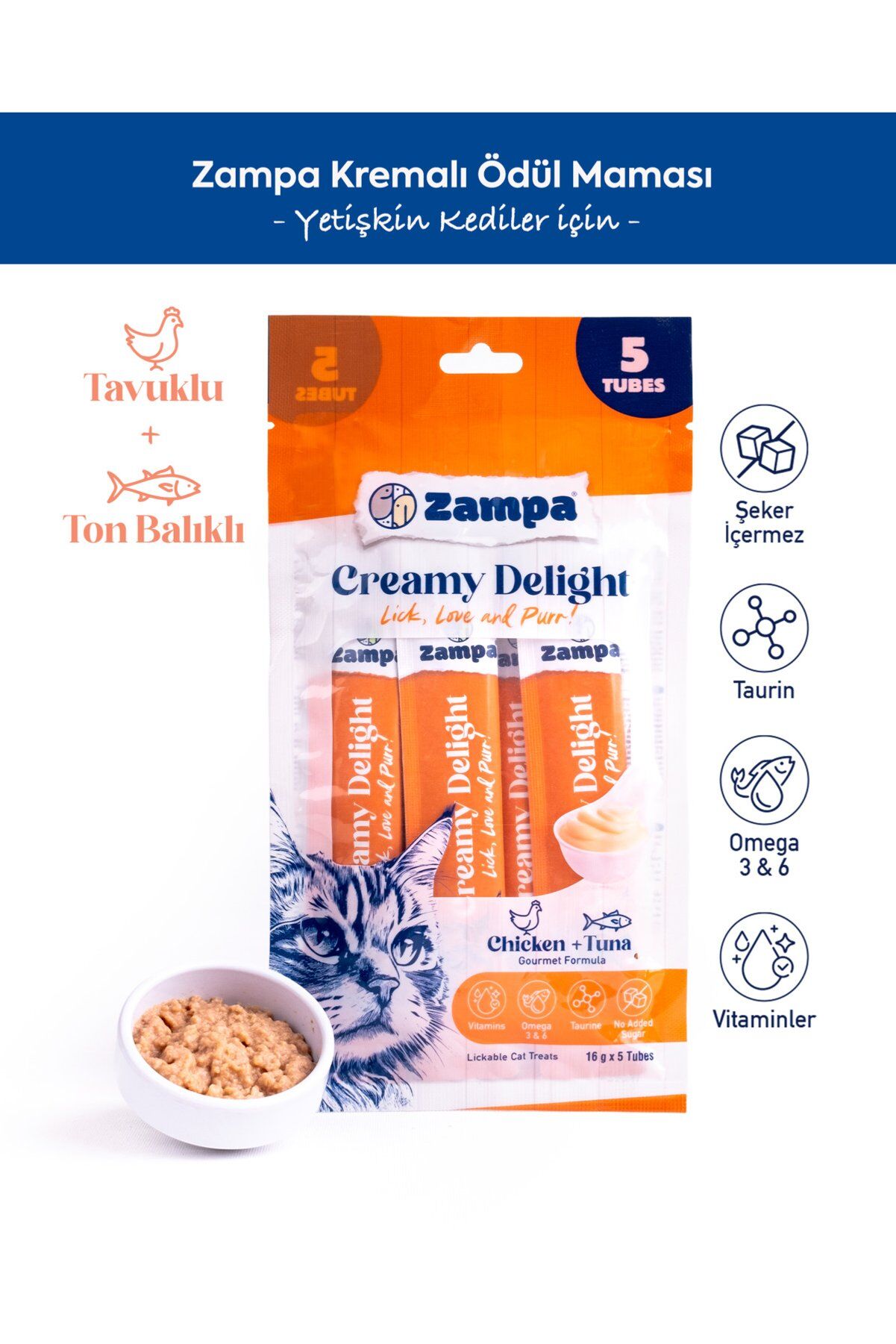 Zampa Creamy Delight Krema Kedi Ödül Maması 5x16 g Tavuk ve Ton Balığı