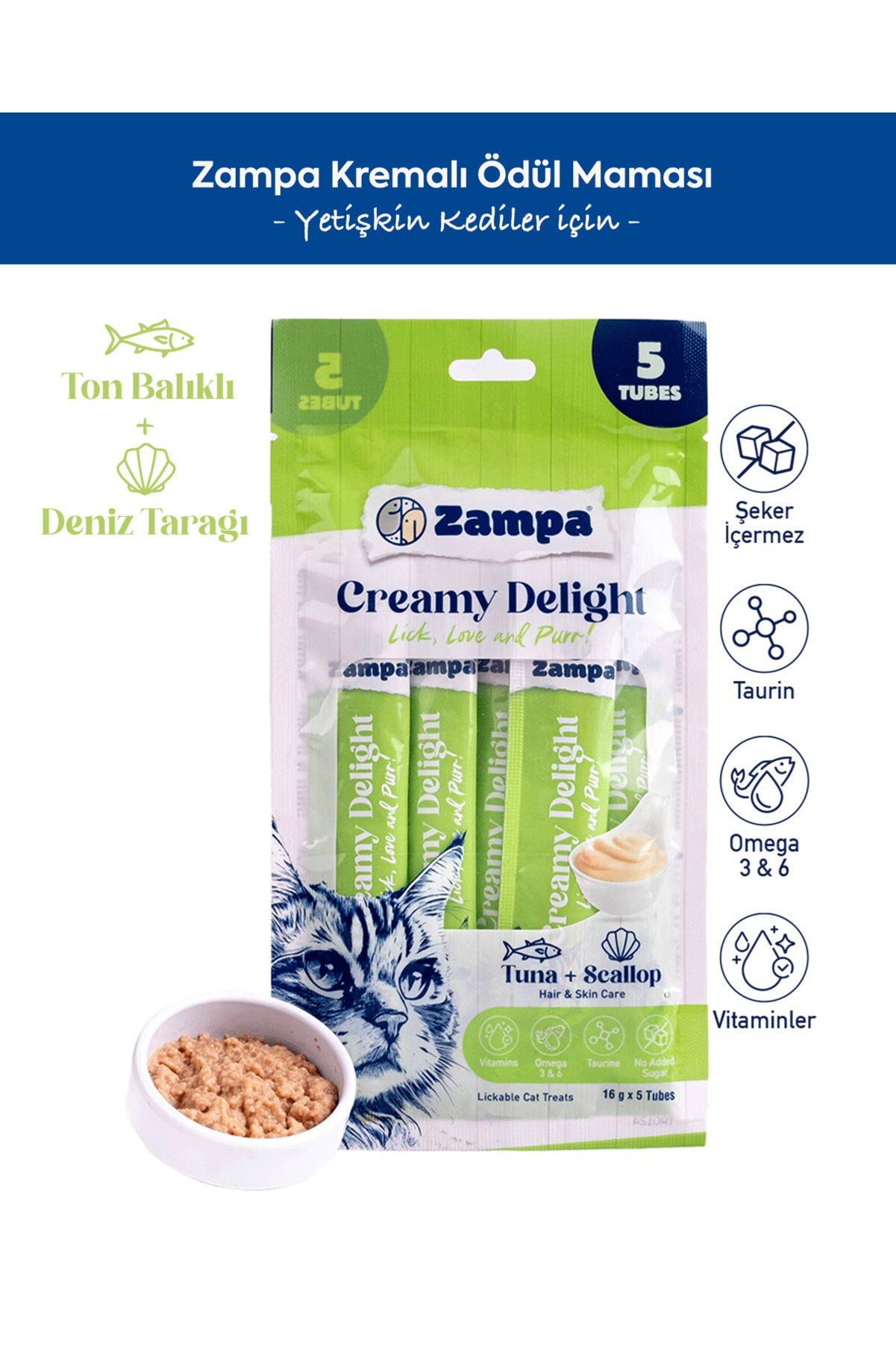 Zampa Creamy Delight Krema Kedi Ödül Maması 5x16 g Ton ve Deniz Tarağı