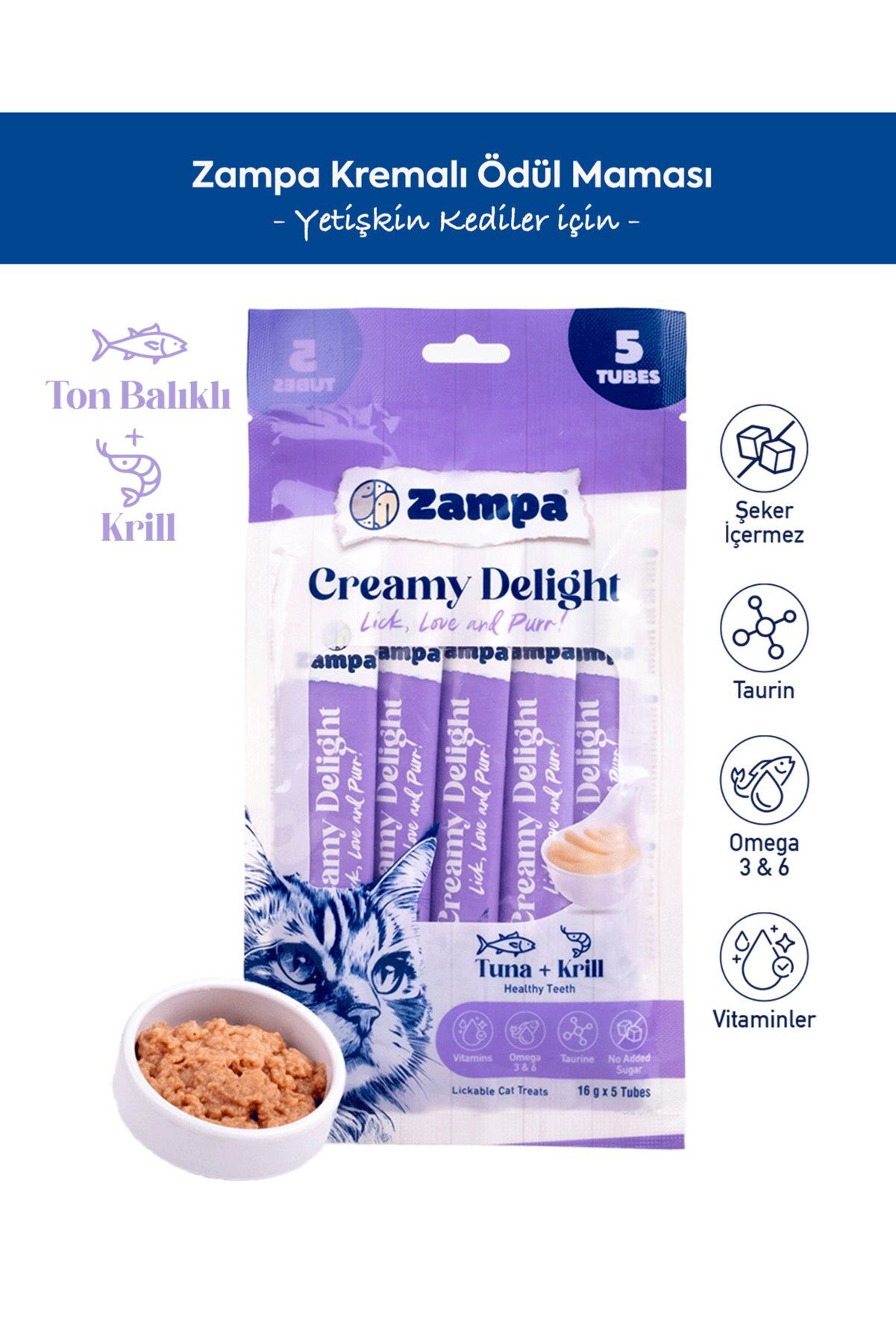 Zampa Creamy Delight Krema Kedi Ödül Maması 5x16 g Ton Balığı ve Krill