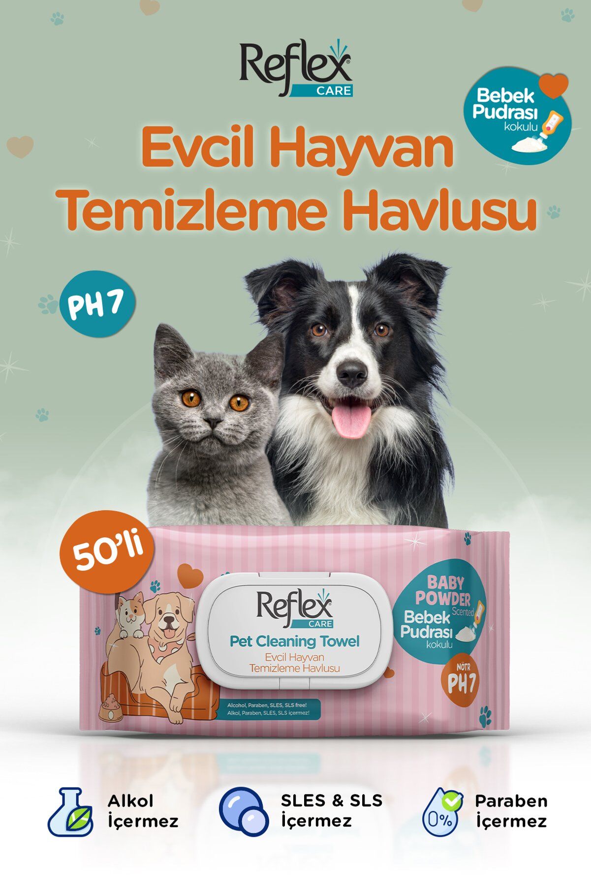 Reflex Care Evcil Hayvanlar İçin Çok Amaçlı Hijyenik Temizleme Mendili Nergis Çiçeği Kokulu