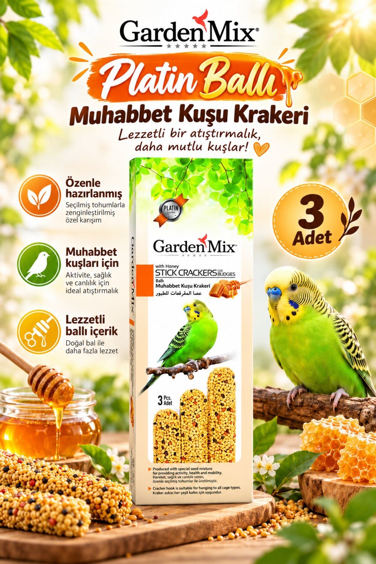 Garden Mix Platin Kuş Krakeri 3'lü Ballı