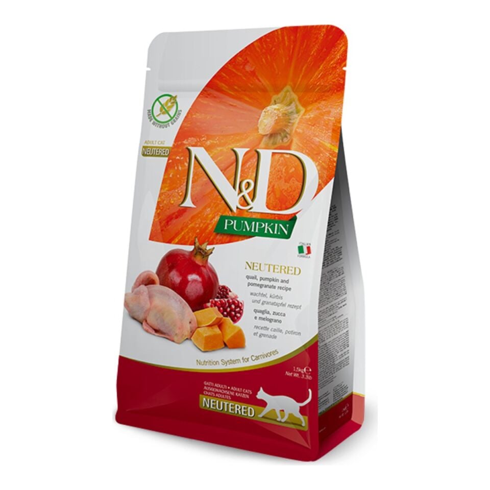 N&D Pumpkin Bıldırcın ve Balkabaklı Kısırlaştırılmış Kedi Maması 1,5 kg ambalajı