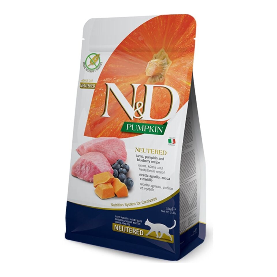 N&D Pumpkin Kuzu ve Yaban Mersinli Kısırlaştırılmış Kedi Maması 1,5 kg ambalajı