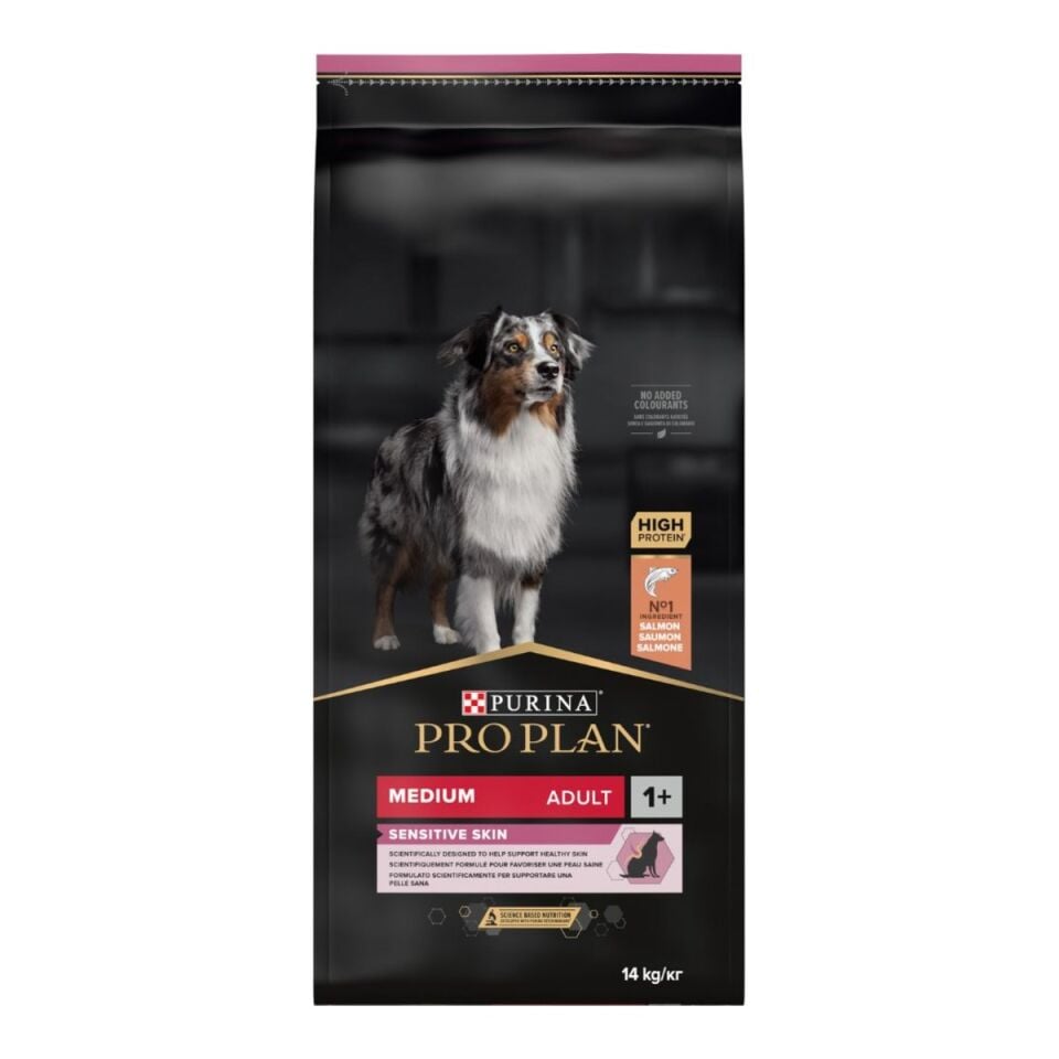 Pro Plan Medium Sensitive Skin Somonlu Yetişkin Köpek Maması 14 kg ambalajı
