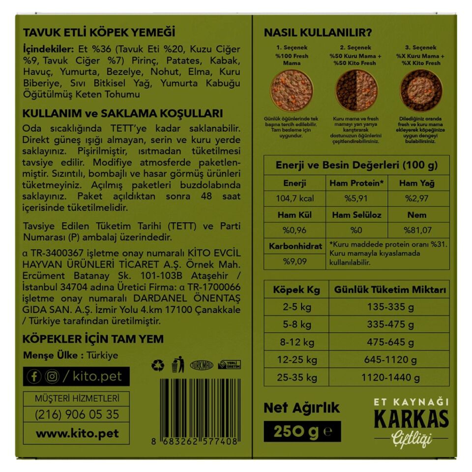 Kito Fresh Taze İçerikli Yaş Köpek Yemeği 250 g Tavuk Etli ürün detay görseli 2