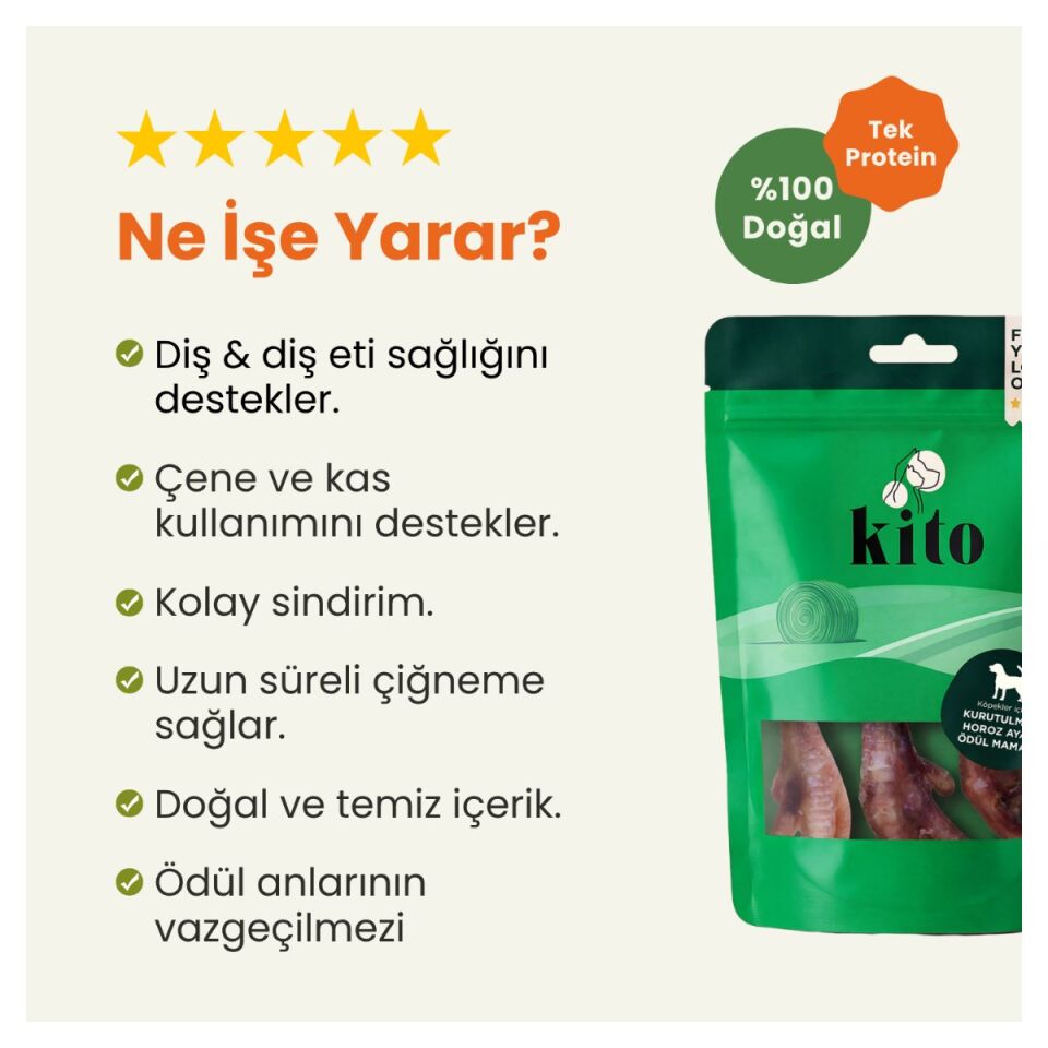 Kito Kurutulmuş Doğal Çiğnemelik Köpek Ödül Maması 100 g Horoz Ayak ürün detay görseli 2