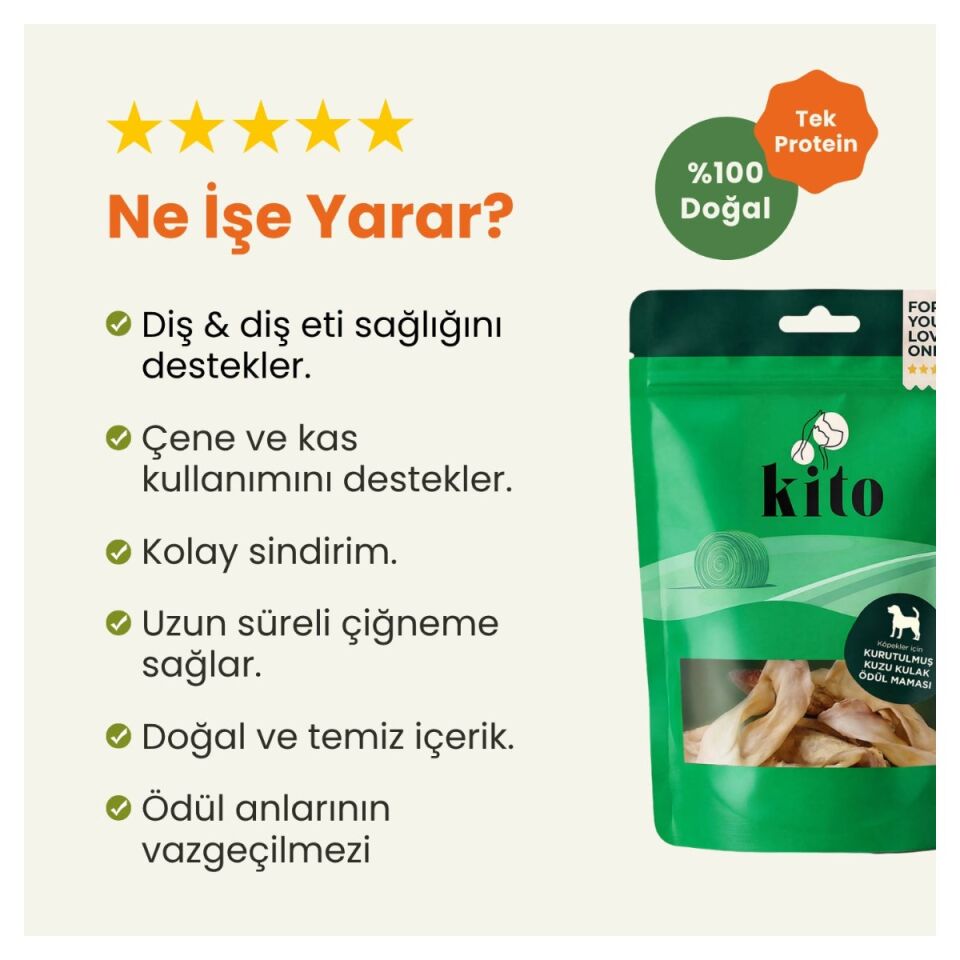 Kito Kurutulmuş Doğal Çiğnemelik Köpek Ödül Maması 100 g Kuzu Kulak ürün detay görseli 2