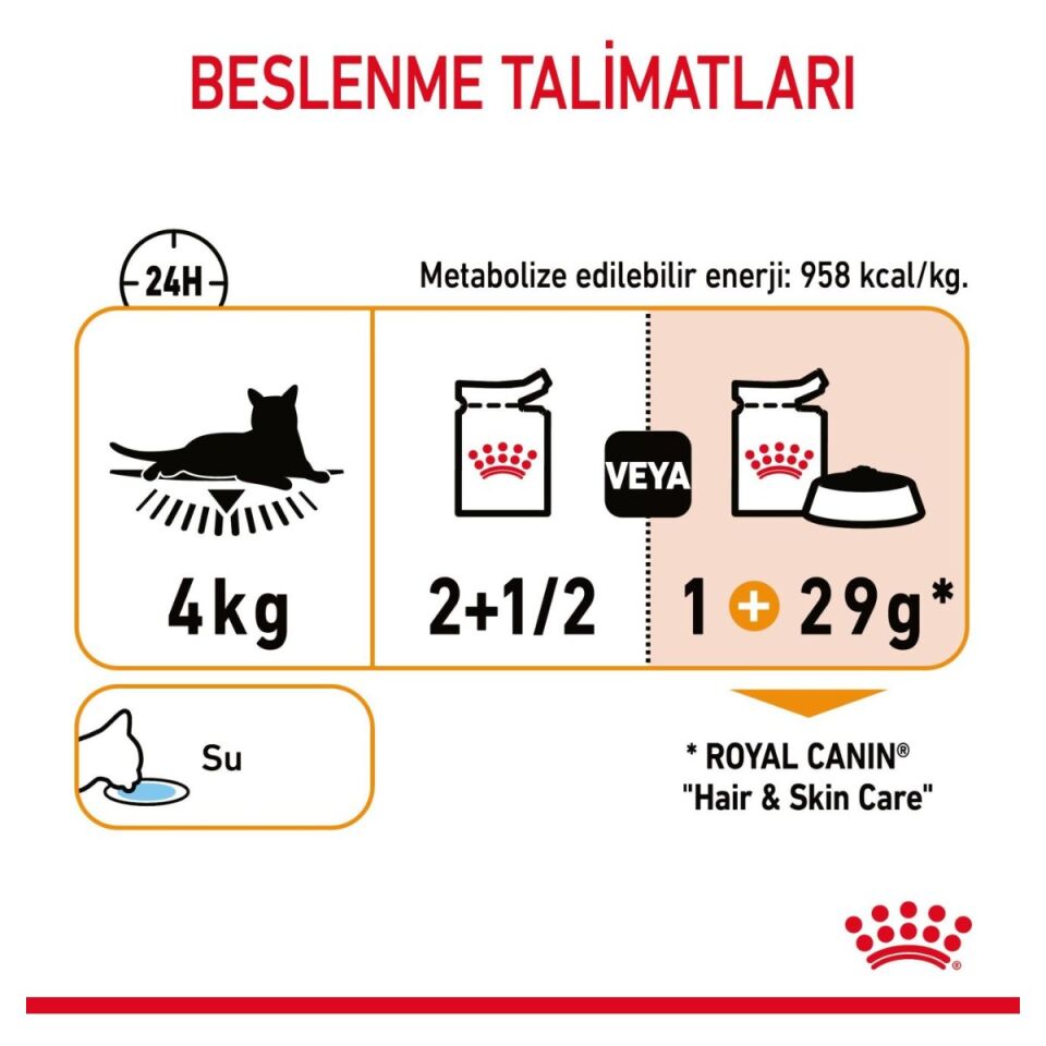 Royal Canin Hair & Skin Care Yetişkin Kedi Yaş Maması 85 g Sos İçinde beslenme talimatları