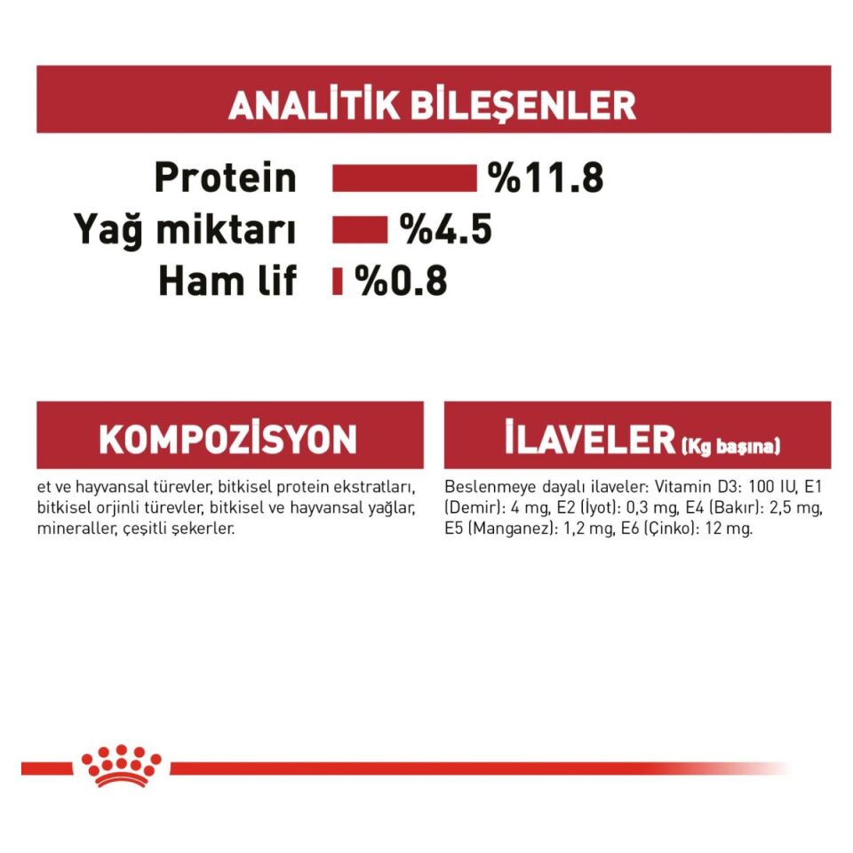 Royal Canin Instinctive Yetişkin Kedi Yaş Maması 85 g Jöle İçinde analitik bileşenleri