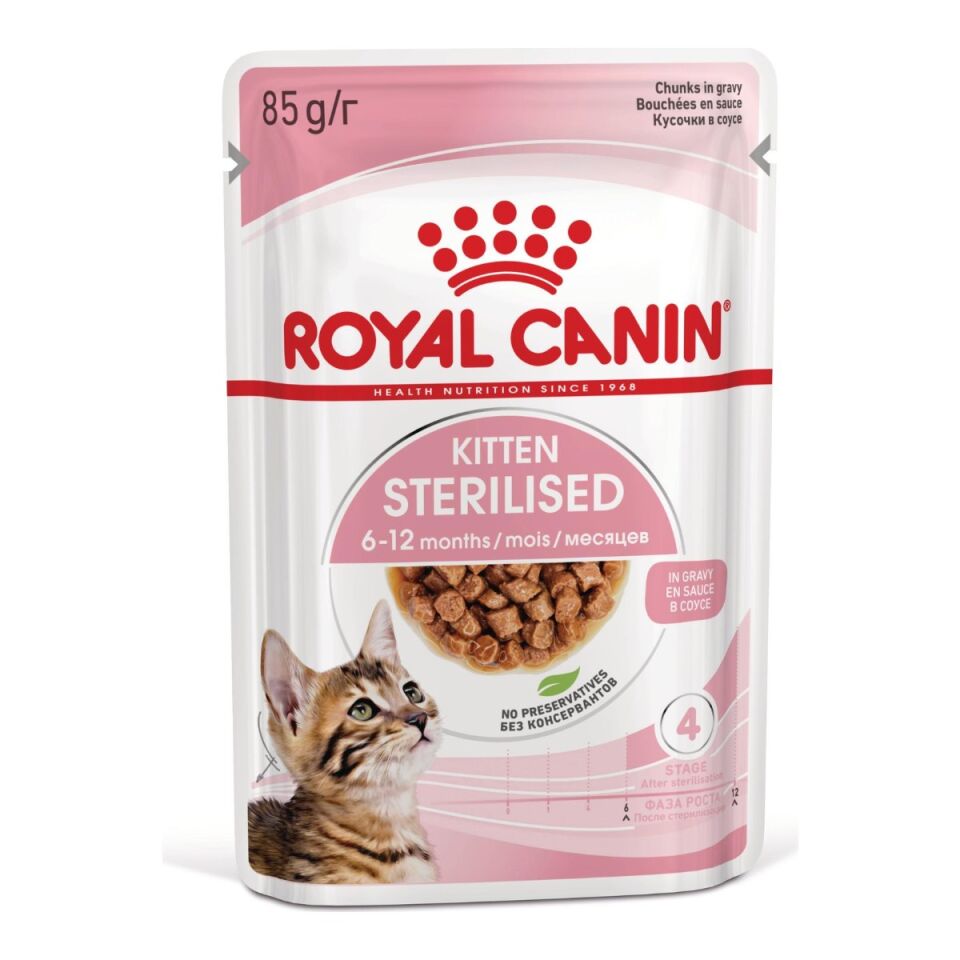 Royal Canin Kitten Sterilised Kısırlaştırılmış Yavru Kedi Yaş Maması 85 g ambalajı