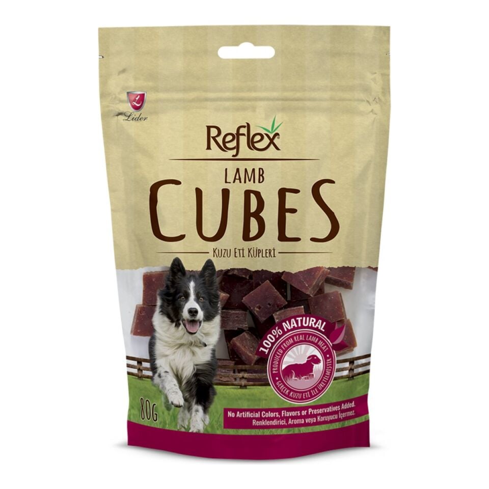 Reflex Kurutulmuş Kuzu Eti Küpleri Köpek Ödül Maması 80 g ambalajı