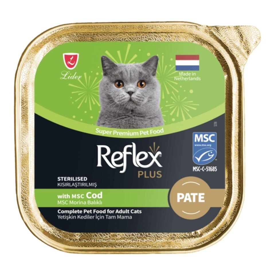 Reflex Plus MSC Morina Balıklı Pate Kısırlaştırılmış Kedi Maması 85 g ambalajı