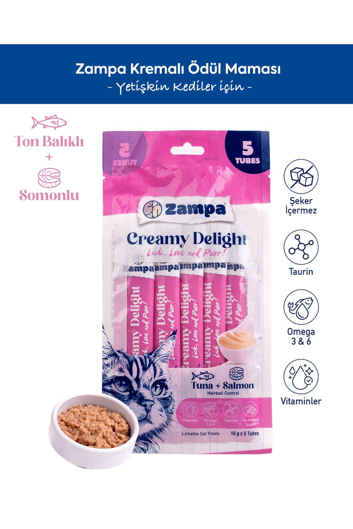 Zampa Creamy Delight Krema Kedi Ödül Maması 5x16 g Ton Balığı ve Somon