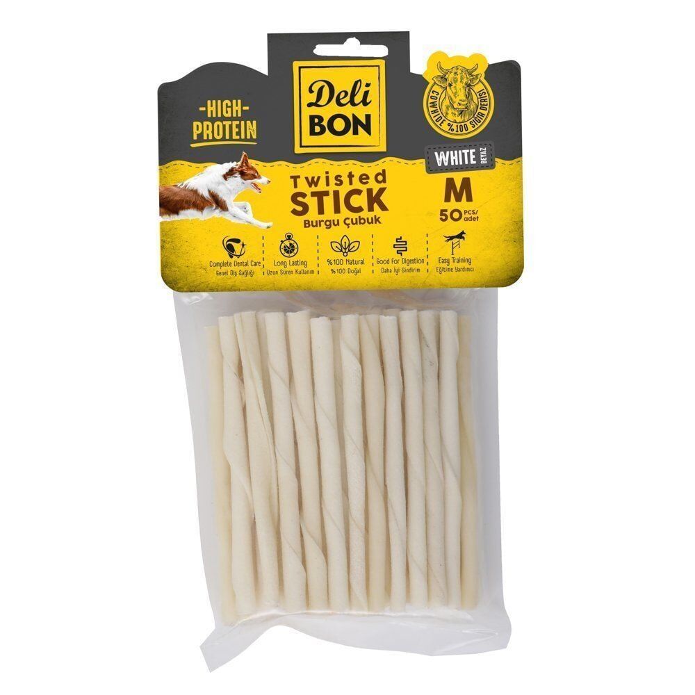 Delibon Twisted Stick Burgu Çubuk Köpek Ödül Maması Kalın 50 Adet Beyaz