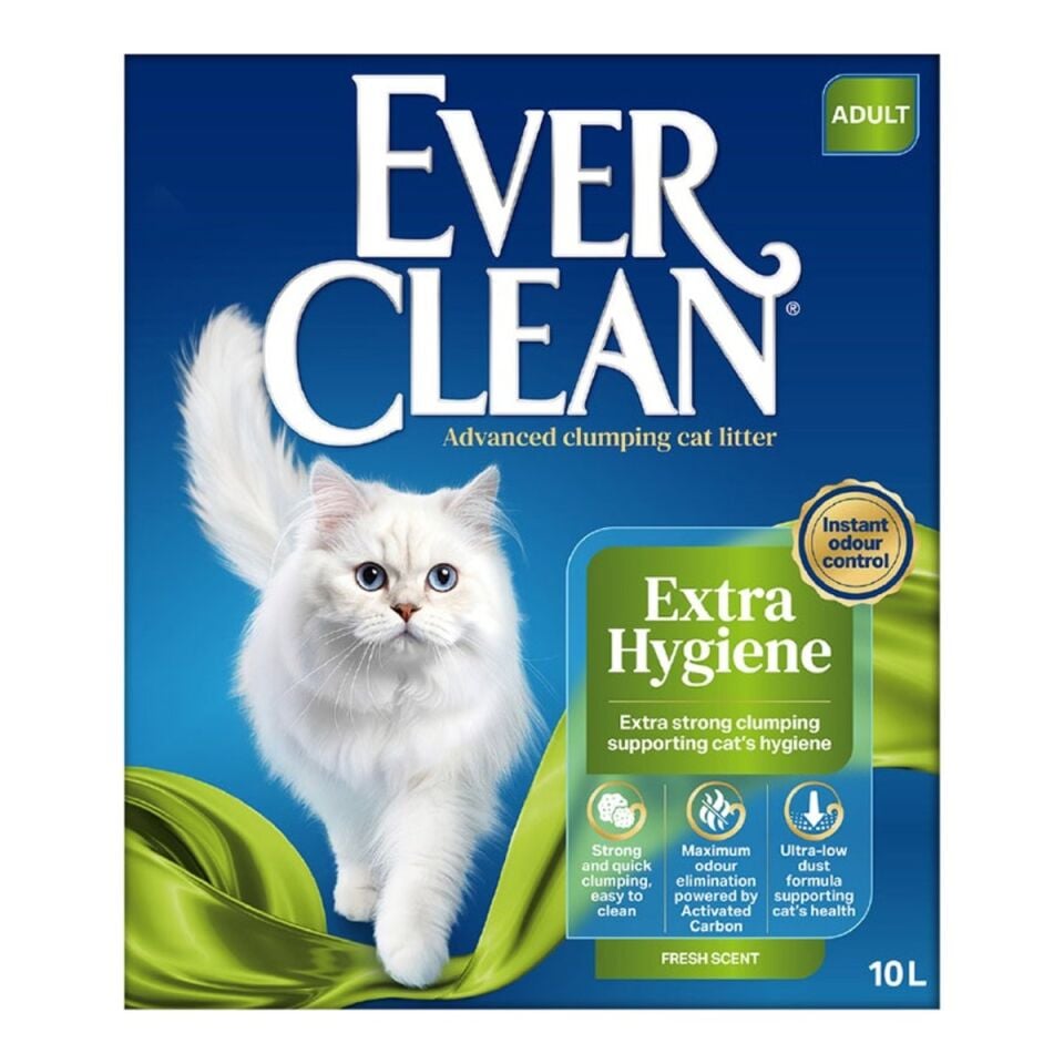 Ever Clean Extra Hygiene Topaklanan Kedi Kumu 10 L Taze Koku ambalajı